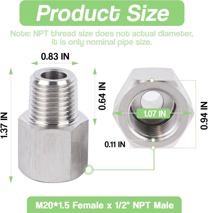 Goldpea Stainless Steel 304 M20*1.5 Female Thread x 1/2" NPT Male Adapter Metric Convert NPT Pipe Fiiting for Pressure Gage 1pc - Image 3